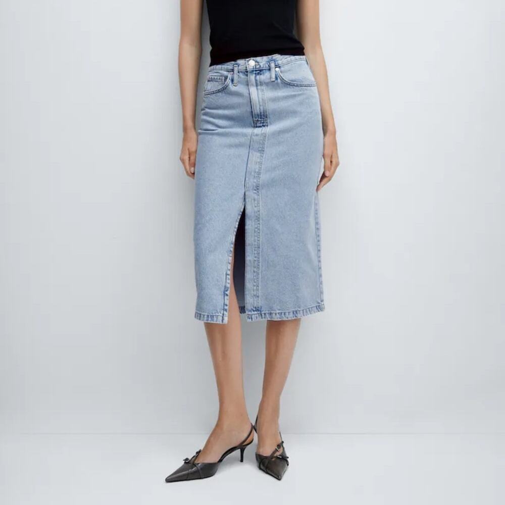Mango Light Wash Denim Midi Skirt Front Slit Straight Style 100% Cotton